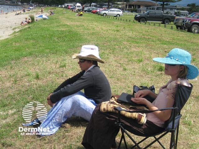 Wide-brimmed hats, long sleeves, and long skirts are highly sun-protective